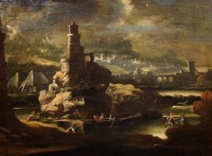 Paesaggio notturno con torre e borghi fortificati